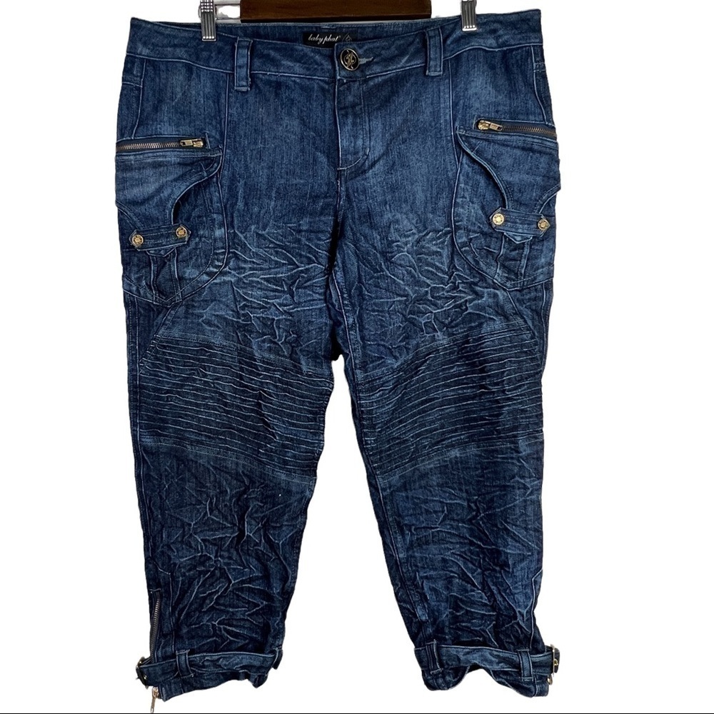Baby Phat Jeans Cropped Capri buckles intentional wrinkling Dark Wash  Junior 15